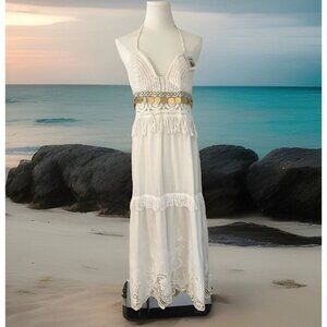 Crochet Halter Midi Dress Size XL White Tiered Fringe Sequin Lace Boho Fairy NWT